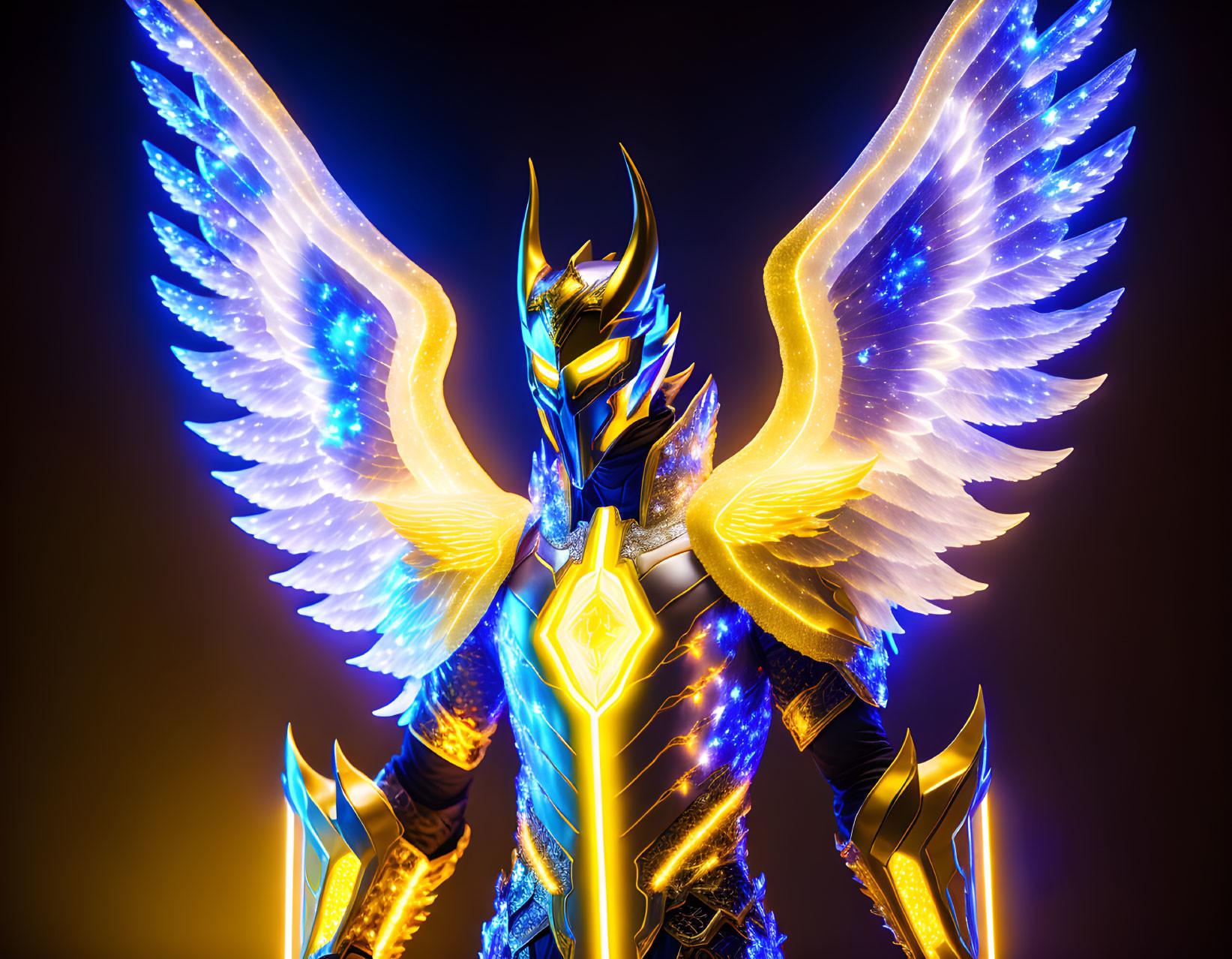 Digital artwork featuring character with blue wings, golden armor, and futuristic helmet