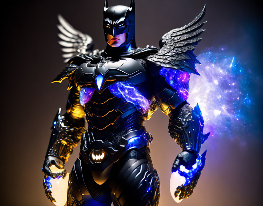 Electric-blue winged Batman against cosmic backdrop.