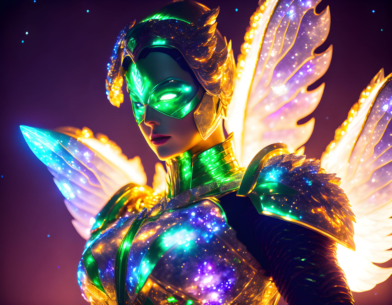 Futuristic female character in metallic suit with glowing wings on purple backdrop