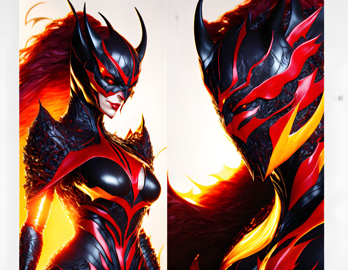 Stylized black and red armor characters with fiery designs