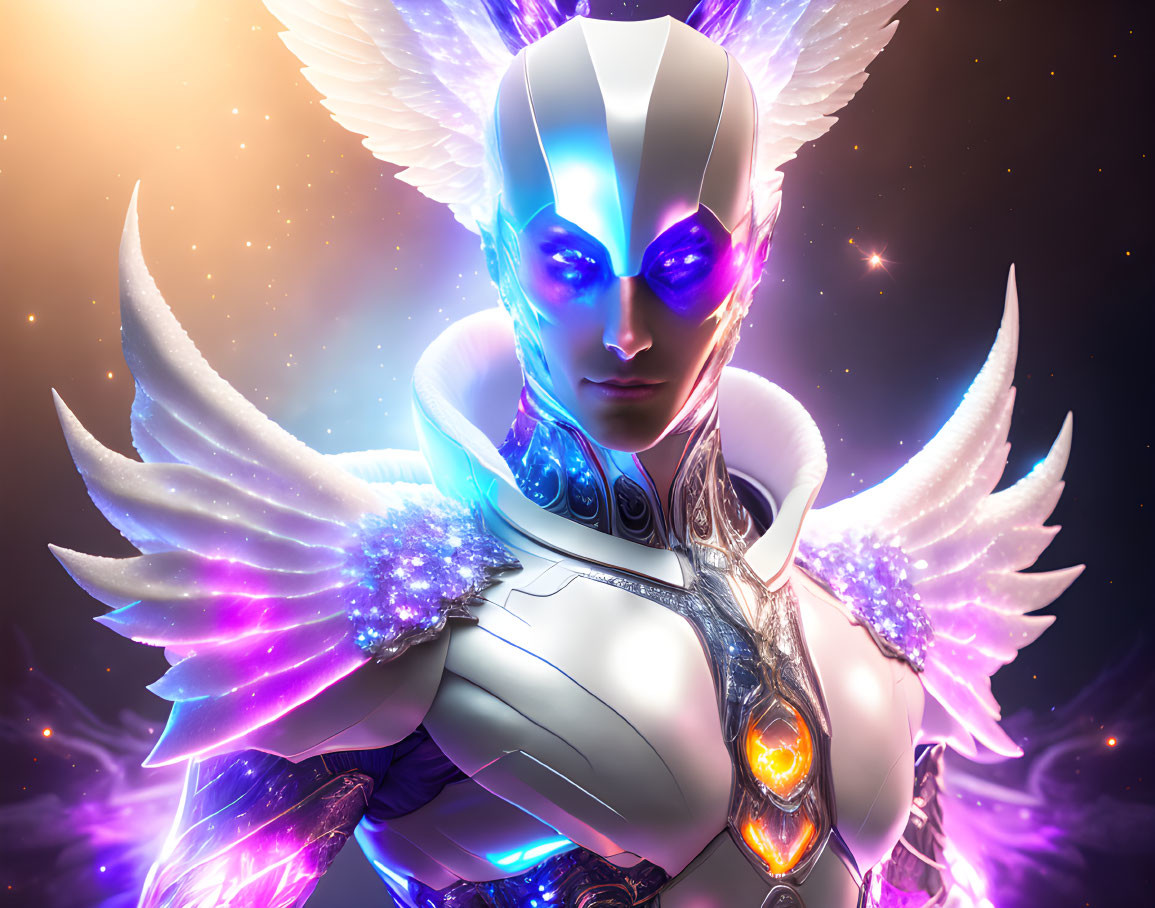 Futuristic angelic figure with glowing purple eyes and luminous wings