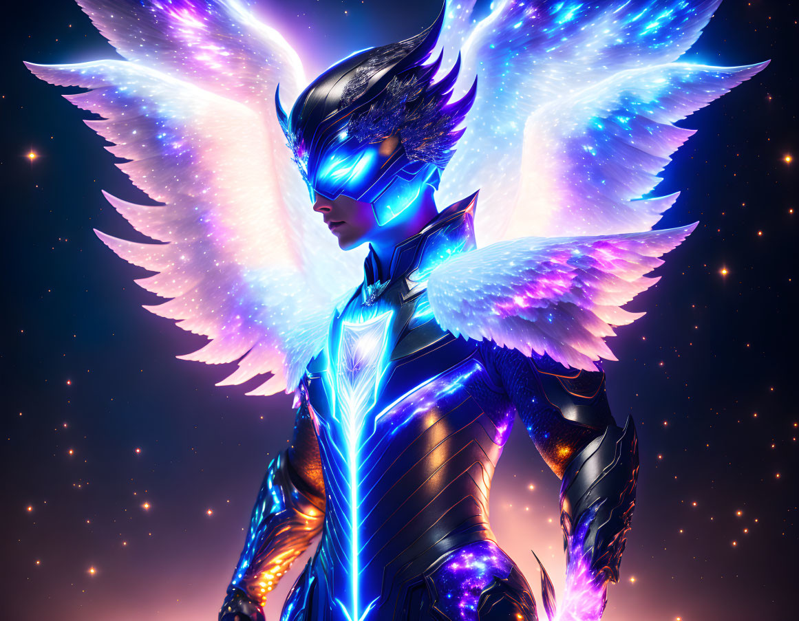 Futuristic armored angel with glowing wings in starry setting