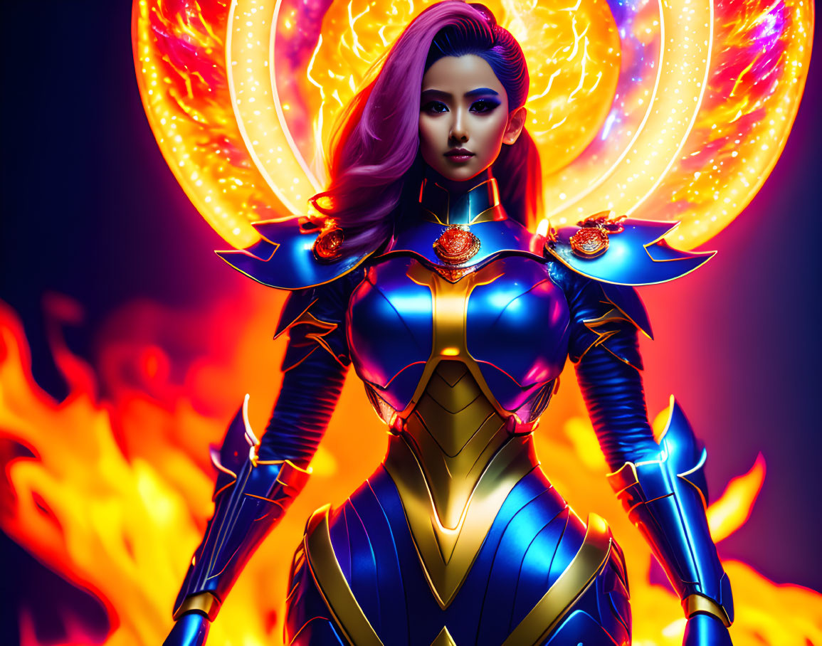 Futuristic armor woman in orange accents surrounded by flames