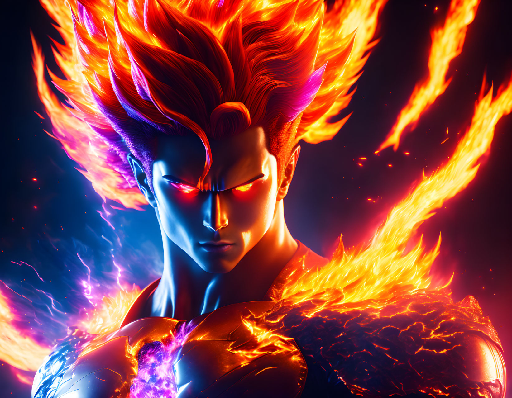 Character with fiery hair and eyes in flames illustration.