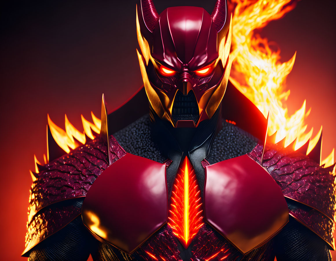 Menacing Red and Black Armored Figure with Glowing Eyes and Flames