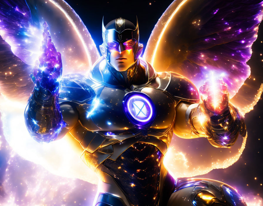 Superhero illustration: Blue and gold armor, purple eyes, energy wings, cosmic power.