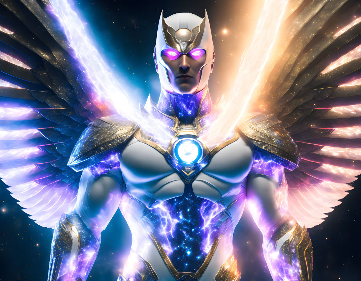 Futuristic warrior in metallic armor with glowing purple lines and luminous wings