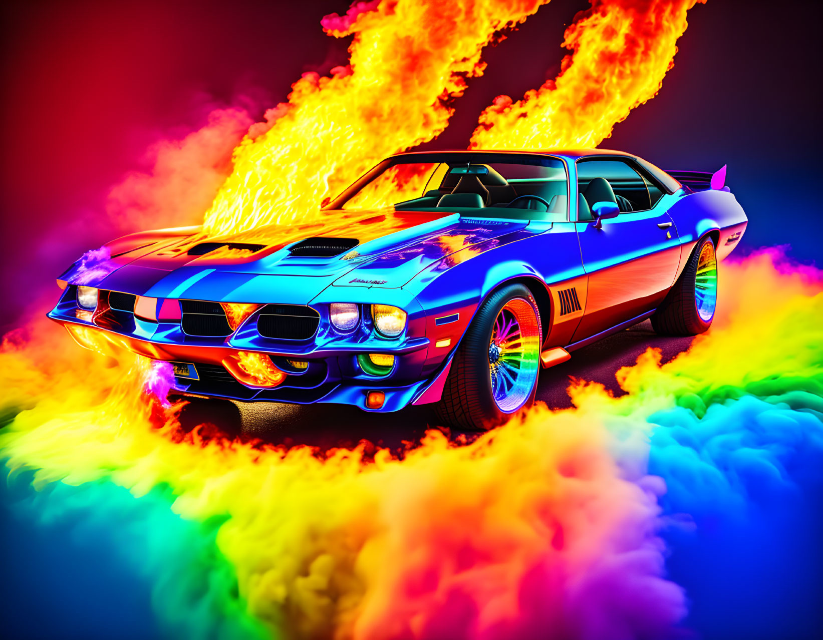 Vibrant Flames Muscle Car on Neon Background