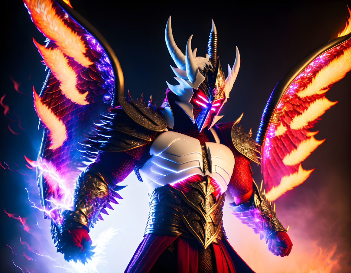 Fantasy character with dragon-like helmet and fiery wings in dramatic pose