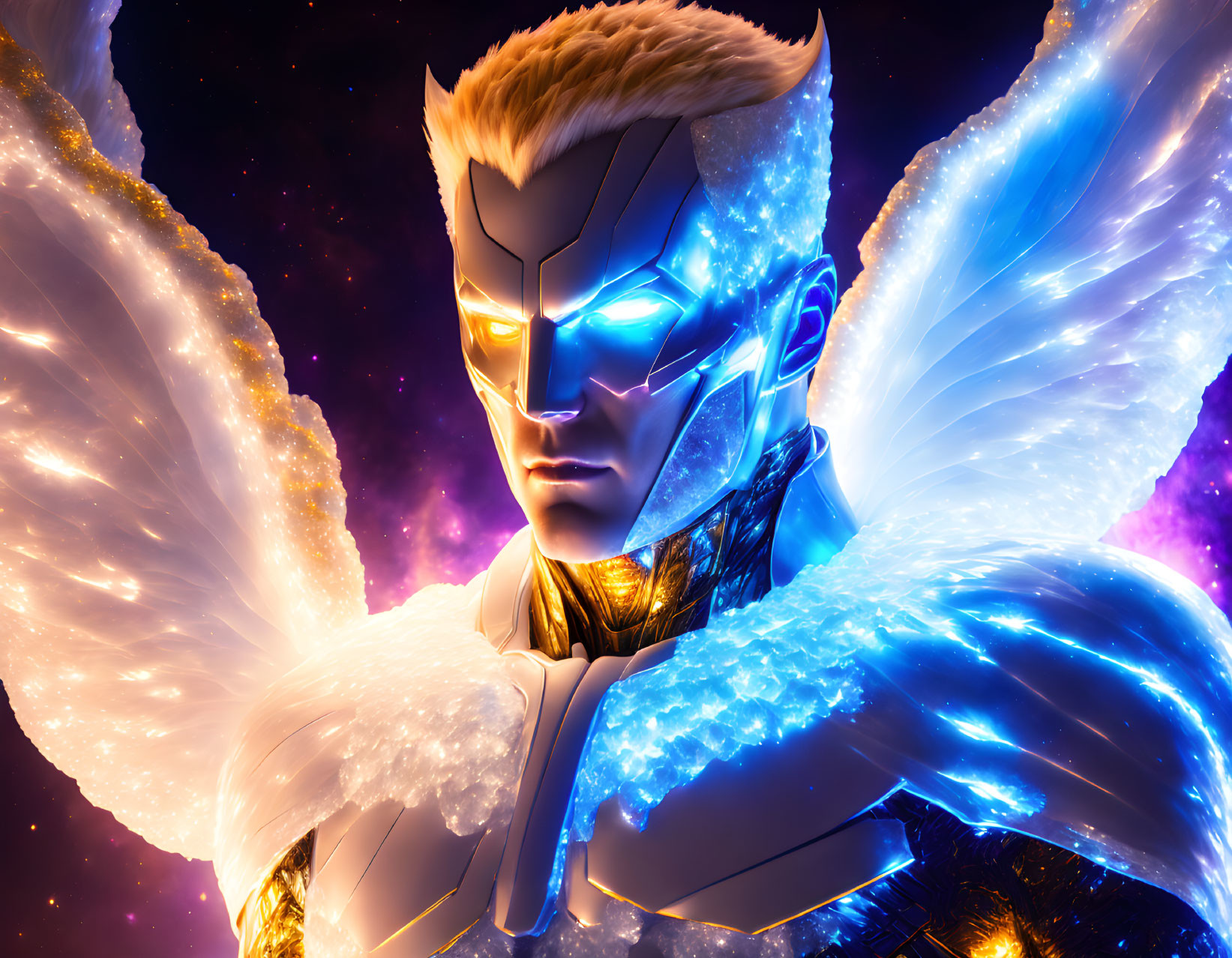 Blue-winged superhero with illuminated mask in majestic cosmic pose