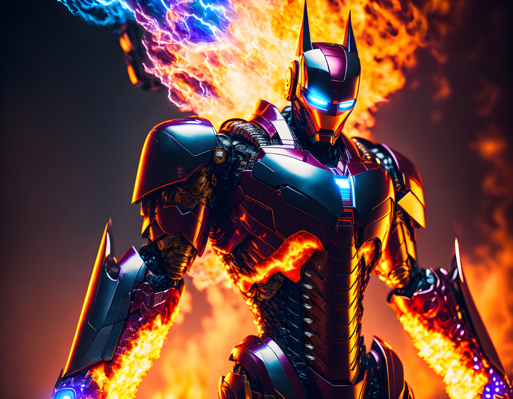 Armored character with fire and lightning effects in dynamic scene