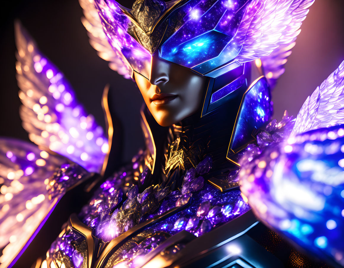 Close-up of person in futuristic armor with blue-purple crystalline details.