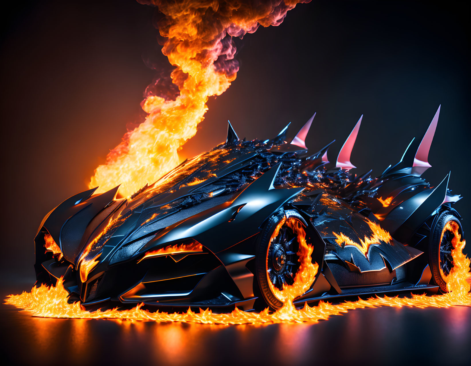 Futuristic black car engulfed in flames with sharp, spiky features