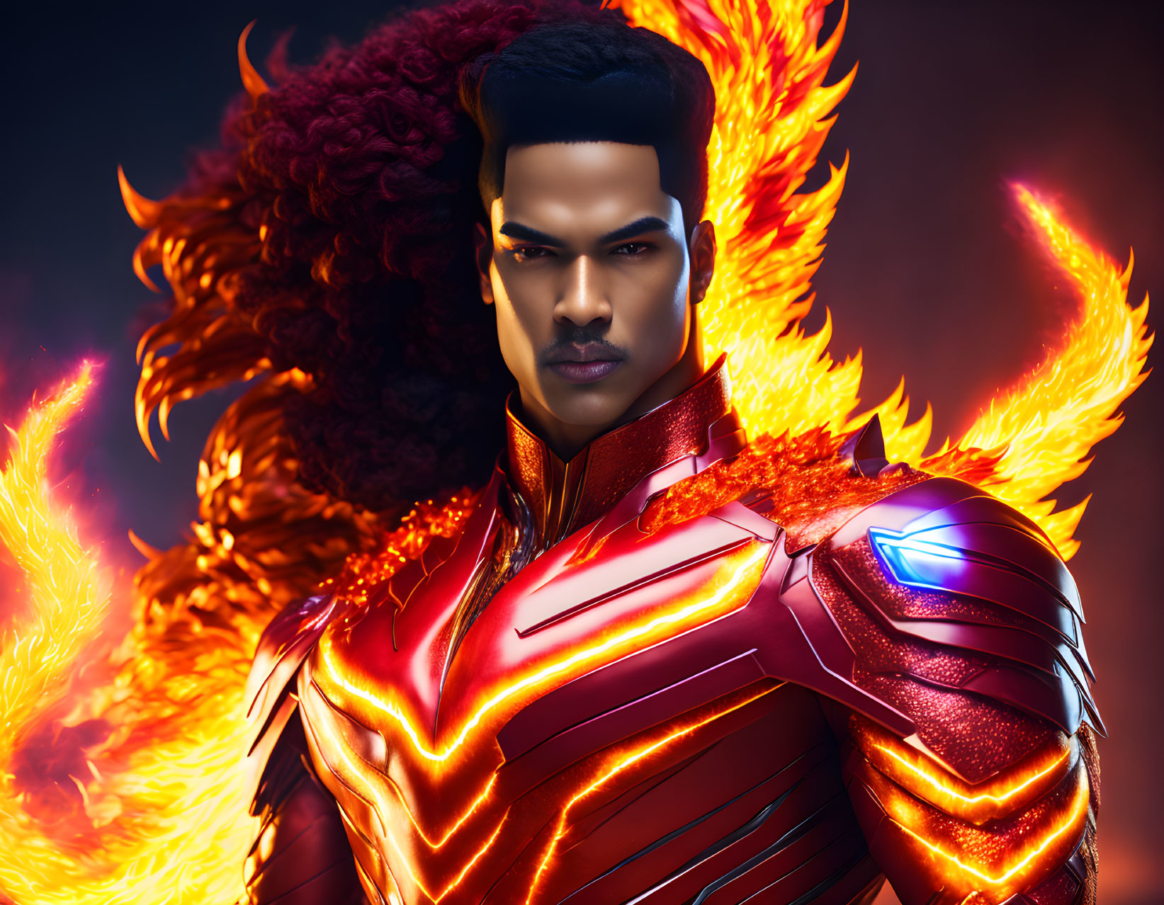 Superhero digital illustration: fiery wings, red armor suit, glowing blue chest, dark background.