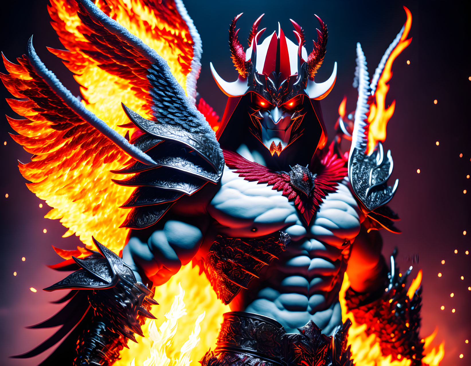 Fiery-winged demonic figure in black and silver armor on dark backdrop