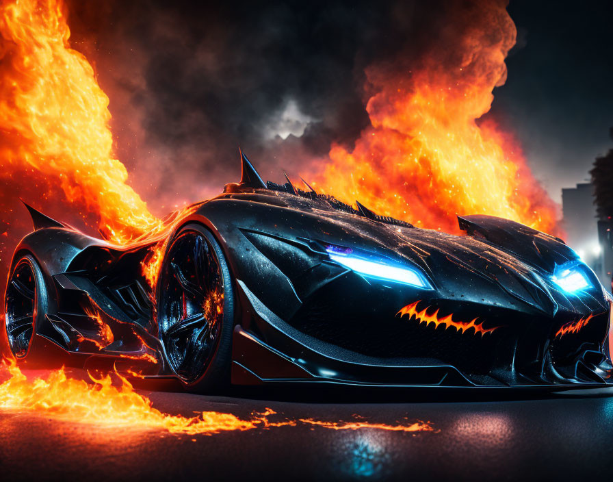 Sleek Black Futuristic Car Surrounded by Flames on Moody Background