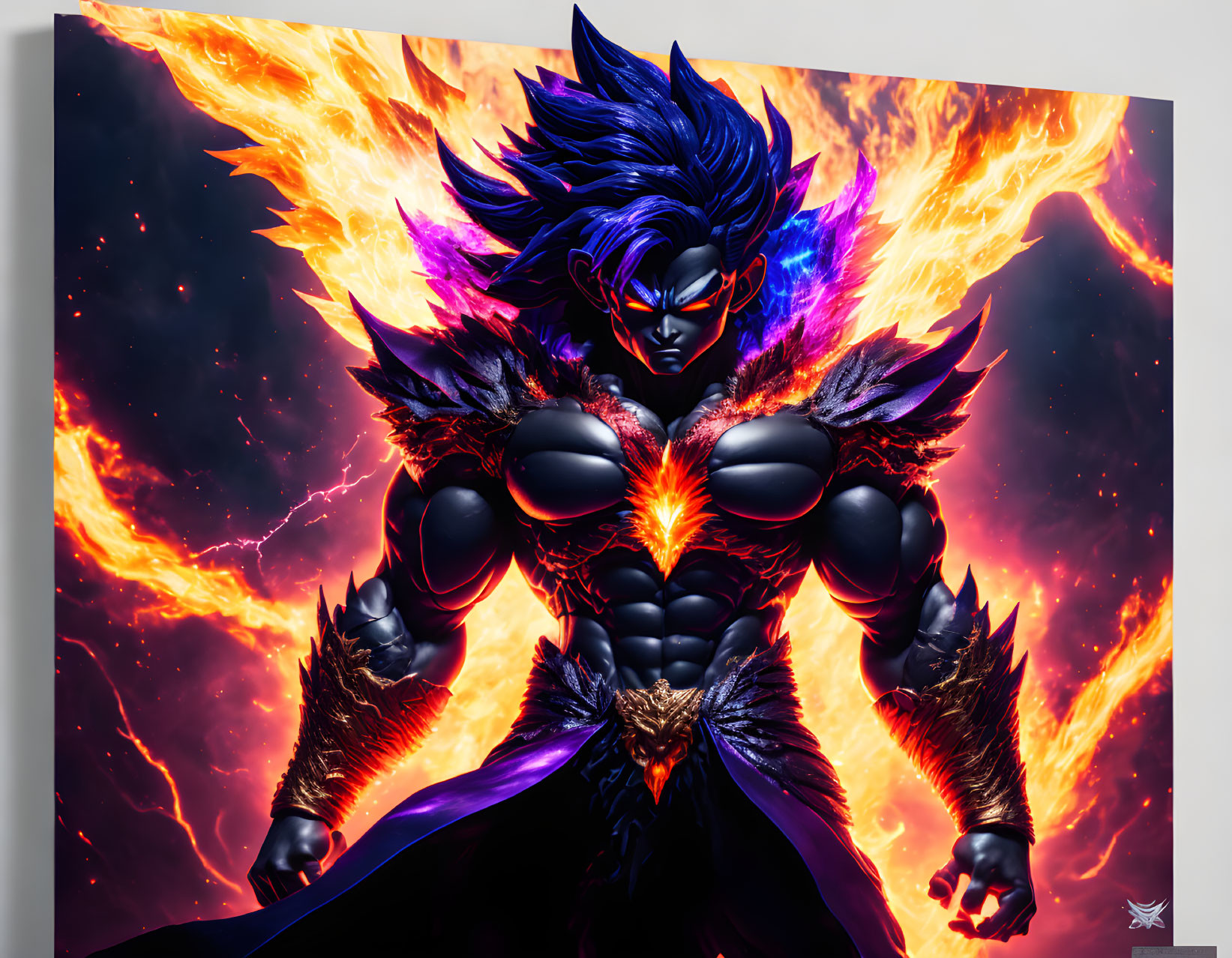 Muscular anime character with spiky hair and fiery energy in intense illustration