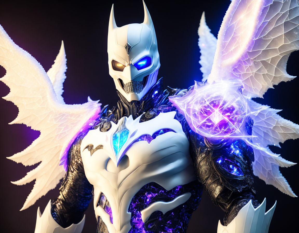 Detailed Black and White Armored Figure with Winged Back and Glowing Blue Eye