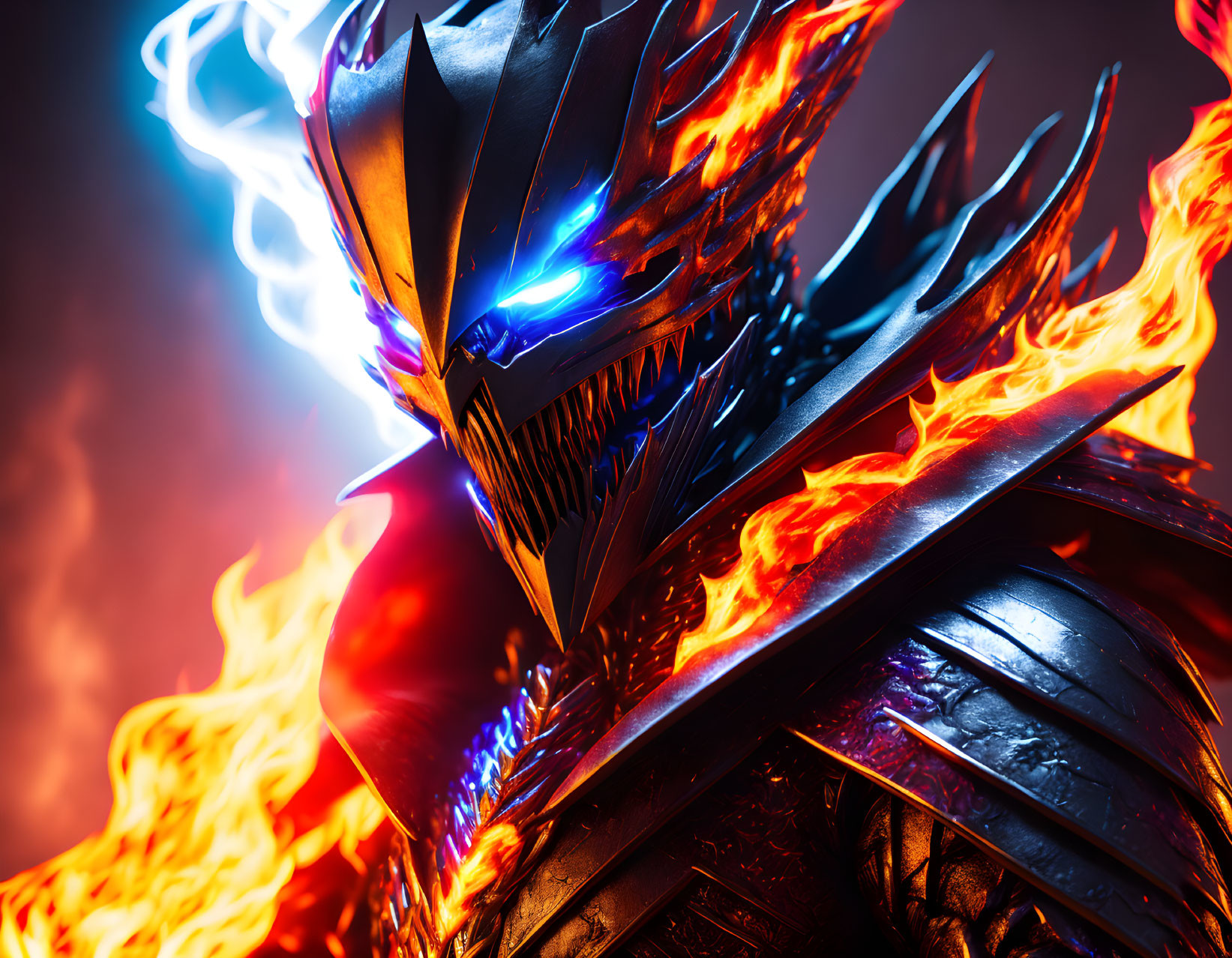 Detailed Close-Up of Fantasy Knight in Dark Armor with Blue Energy and Orange Flames