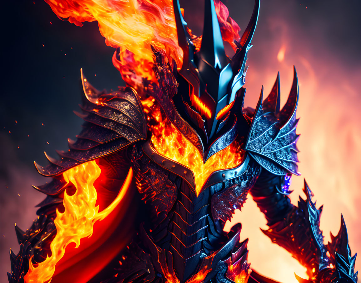 Fiery armored figure with glowing blue eyes in digital artwork