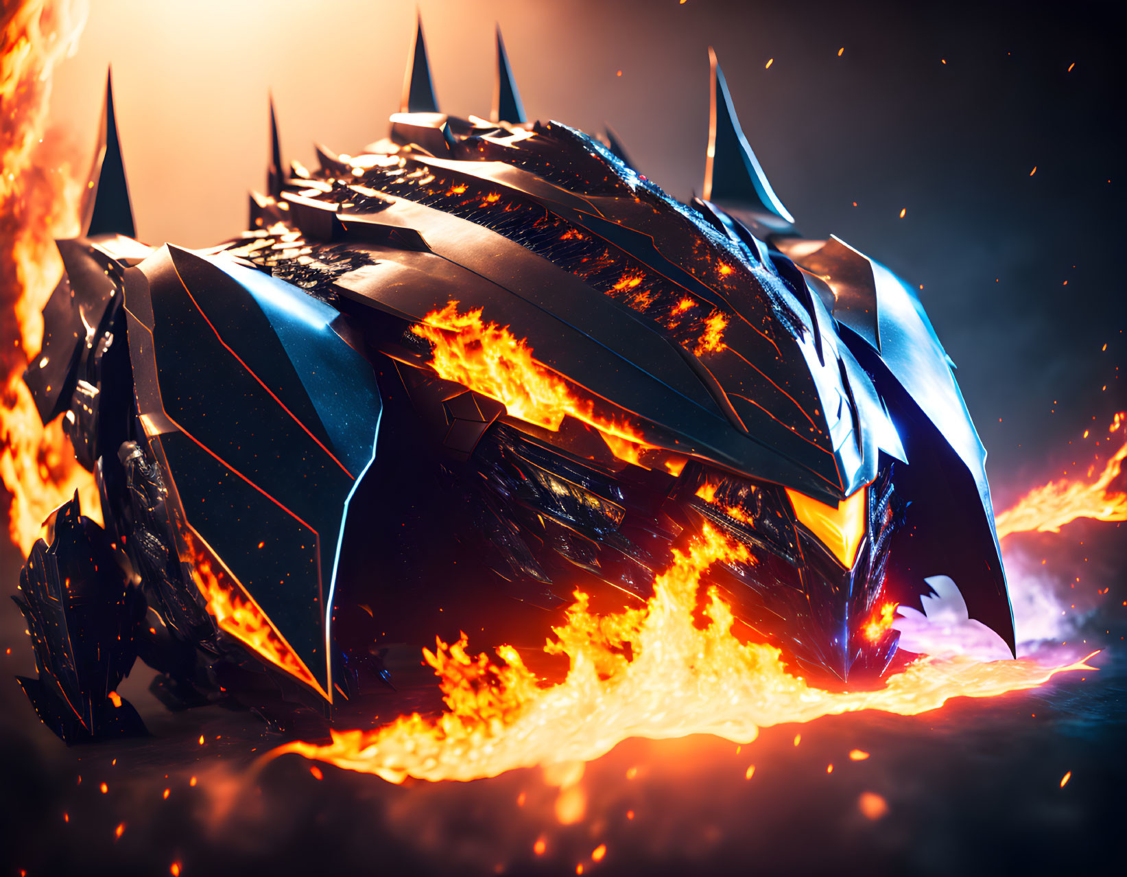 Futuristic spaceship engulfed in flames on dramatic backdrop