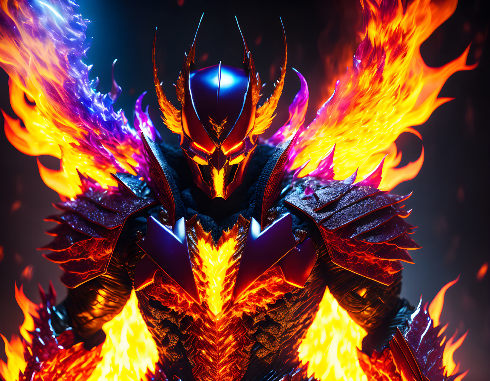 Armored character with glowing blue visor in fiery scene