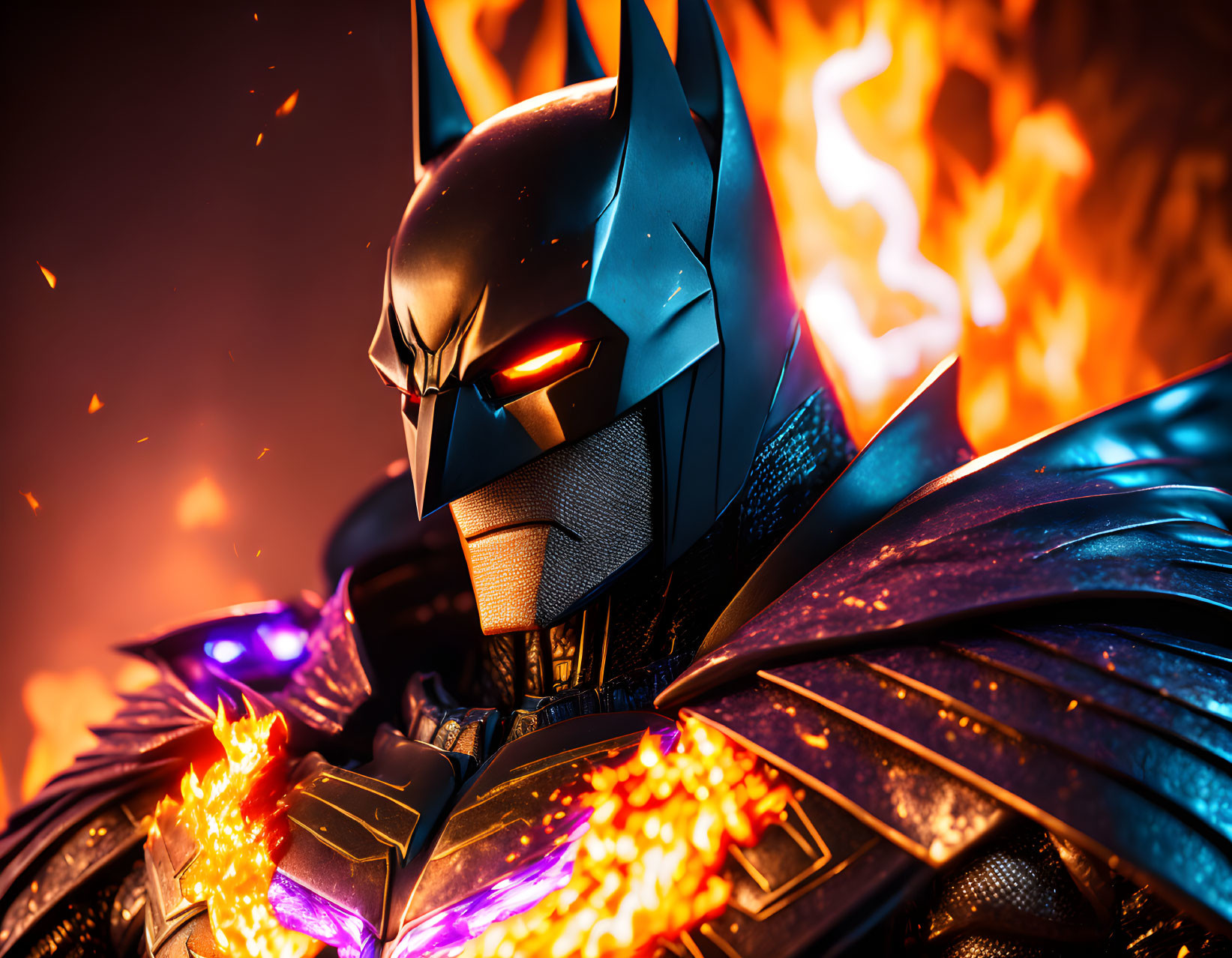 Detailed Batman figurine with glowing eyes in fiery scene