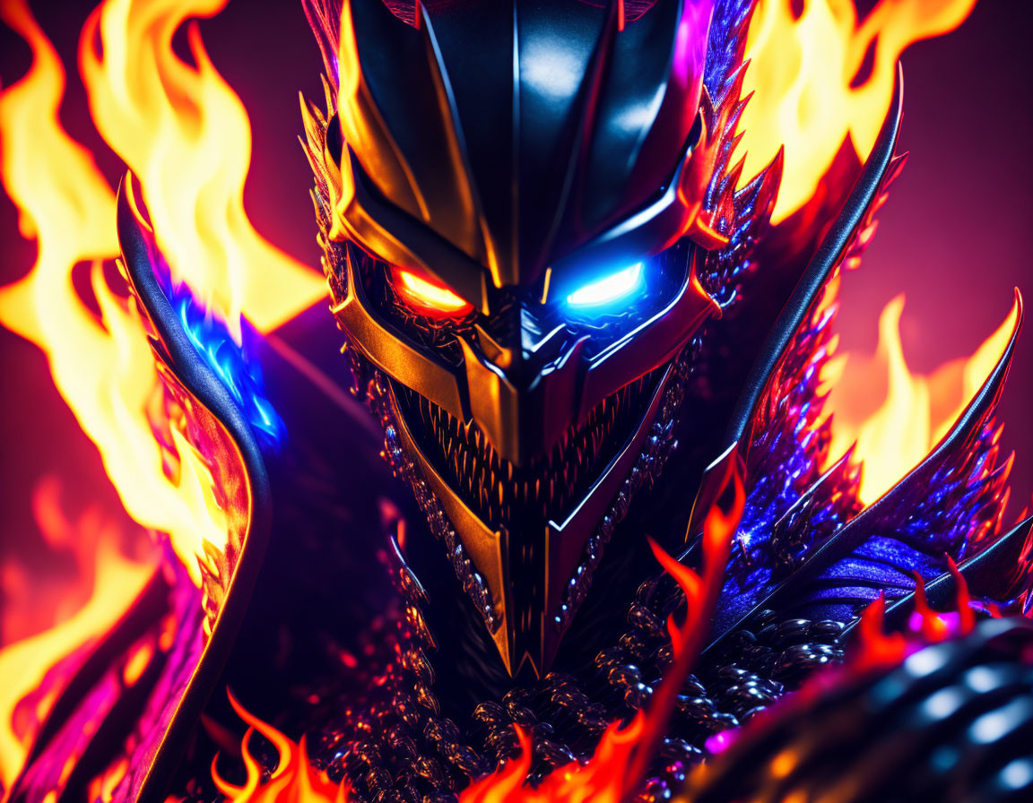 Futuristic warrior in black and red armor with dragon-themed helmet