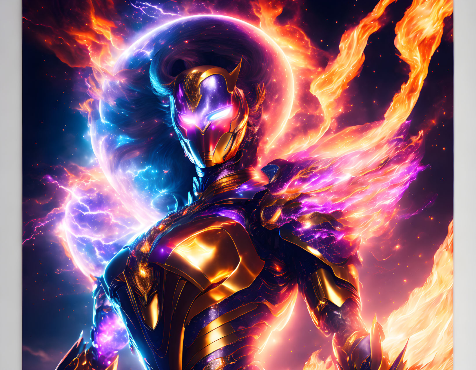 Armored figure with purple visor in cosmic energy backdrop