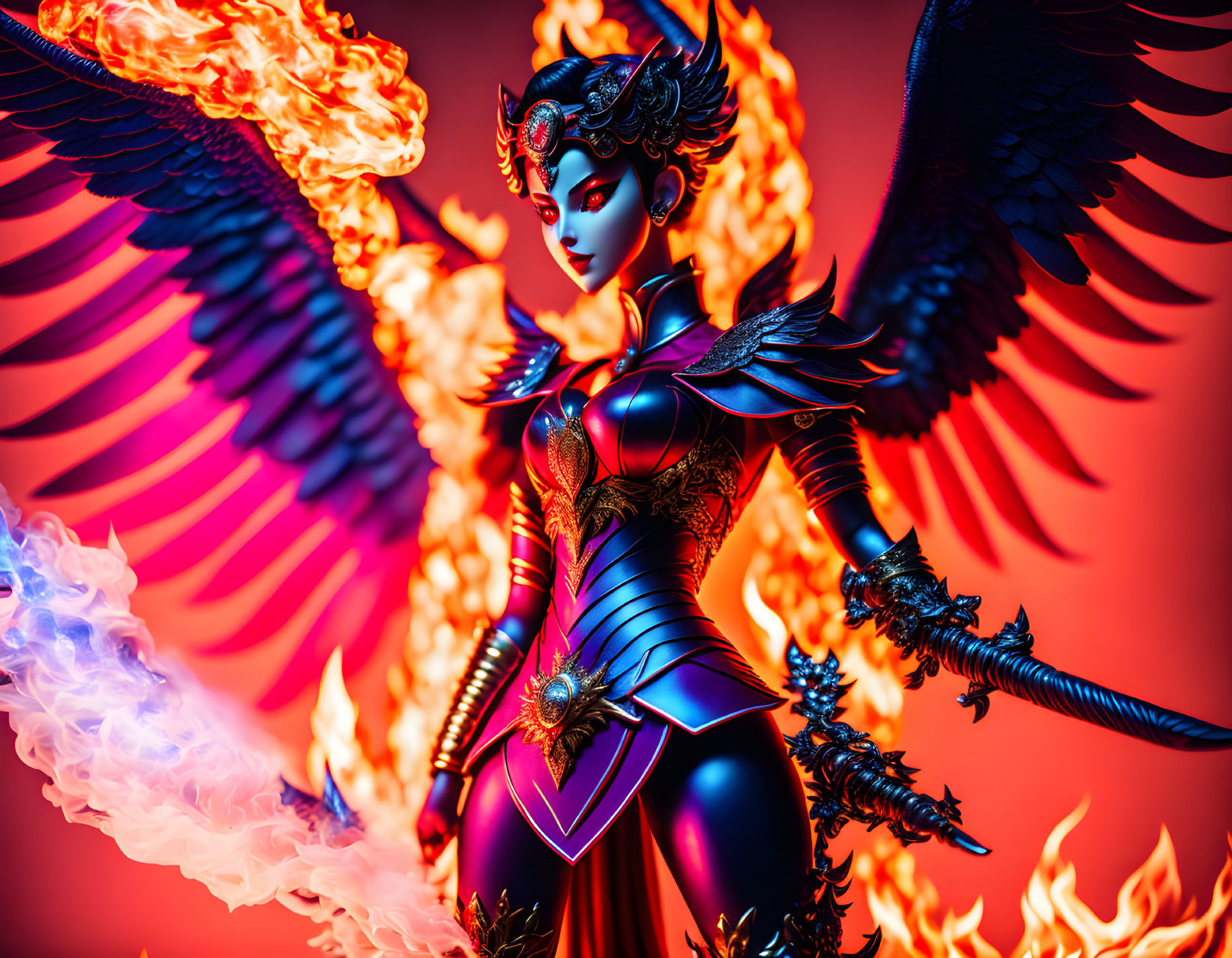 Dark-armored figure with wings in fiery setting