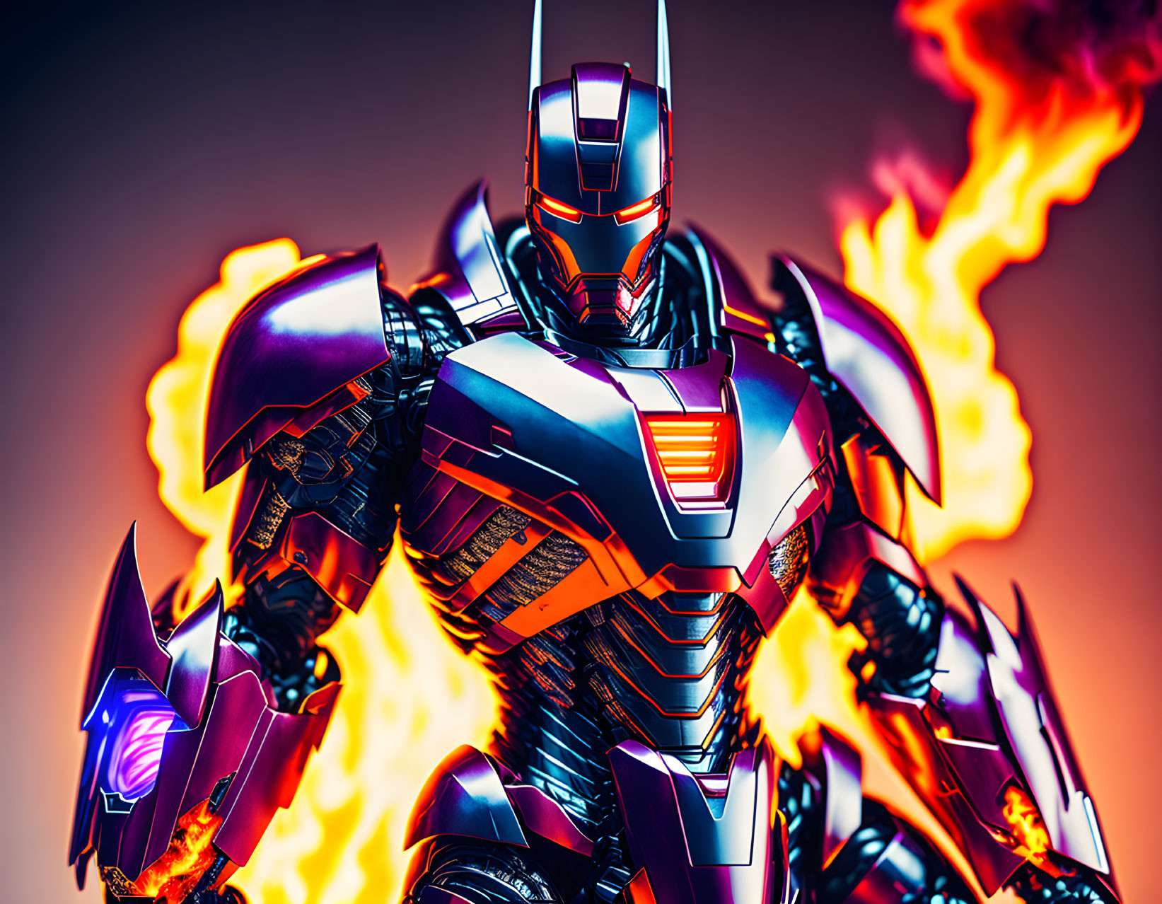 Armored figure with glowing elements in front of fiery backdrop