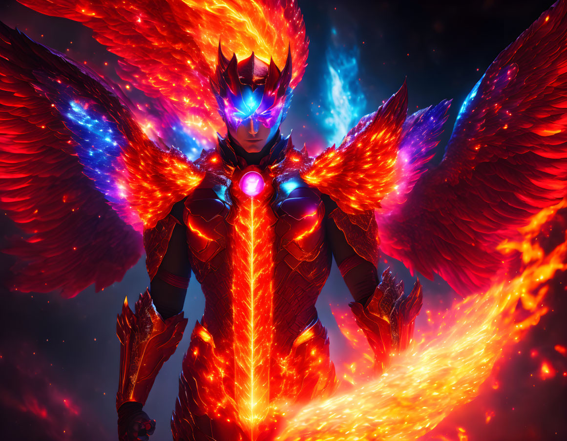 Fiery winged figure in intense cosmic scene