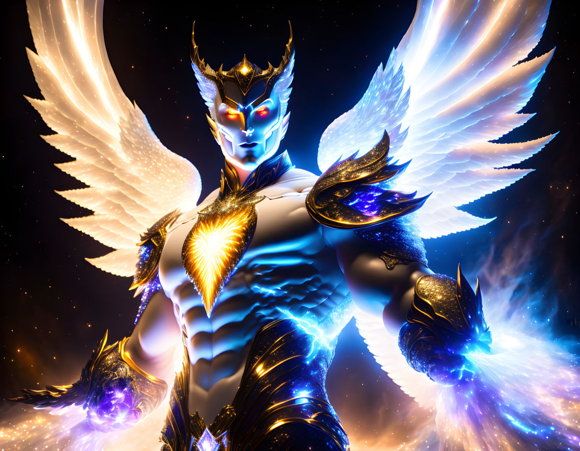 Celestial figure with radiant wings, armor, glowing eyes, and divine energy.