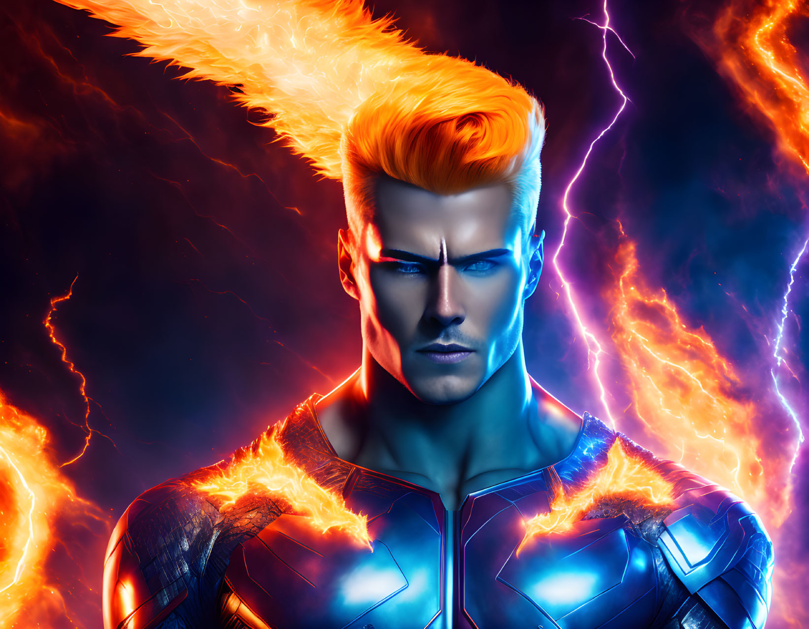 Male superhero illustration: fiery orange hair, lightning, glowing armor