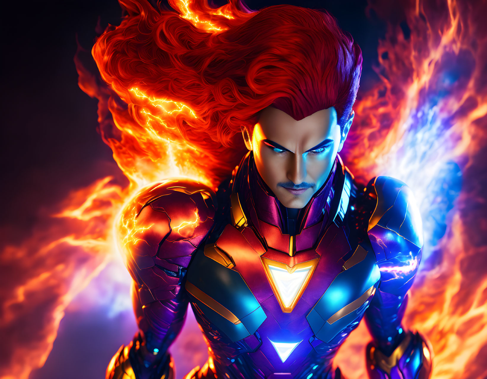 Fiery red-haired character in glowing suit against dark background