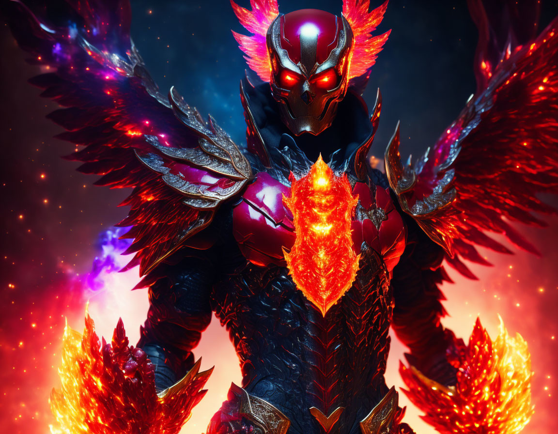 Fantasy character with red eyes, ornate armor, fiery wings, cosmic background