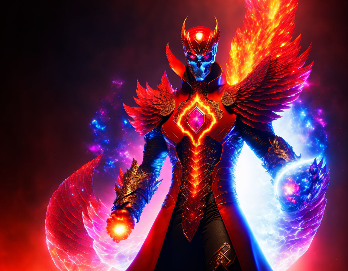 Warrior with fiery wings and energy-infused gauntlets on red backdrop