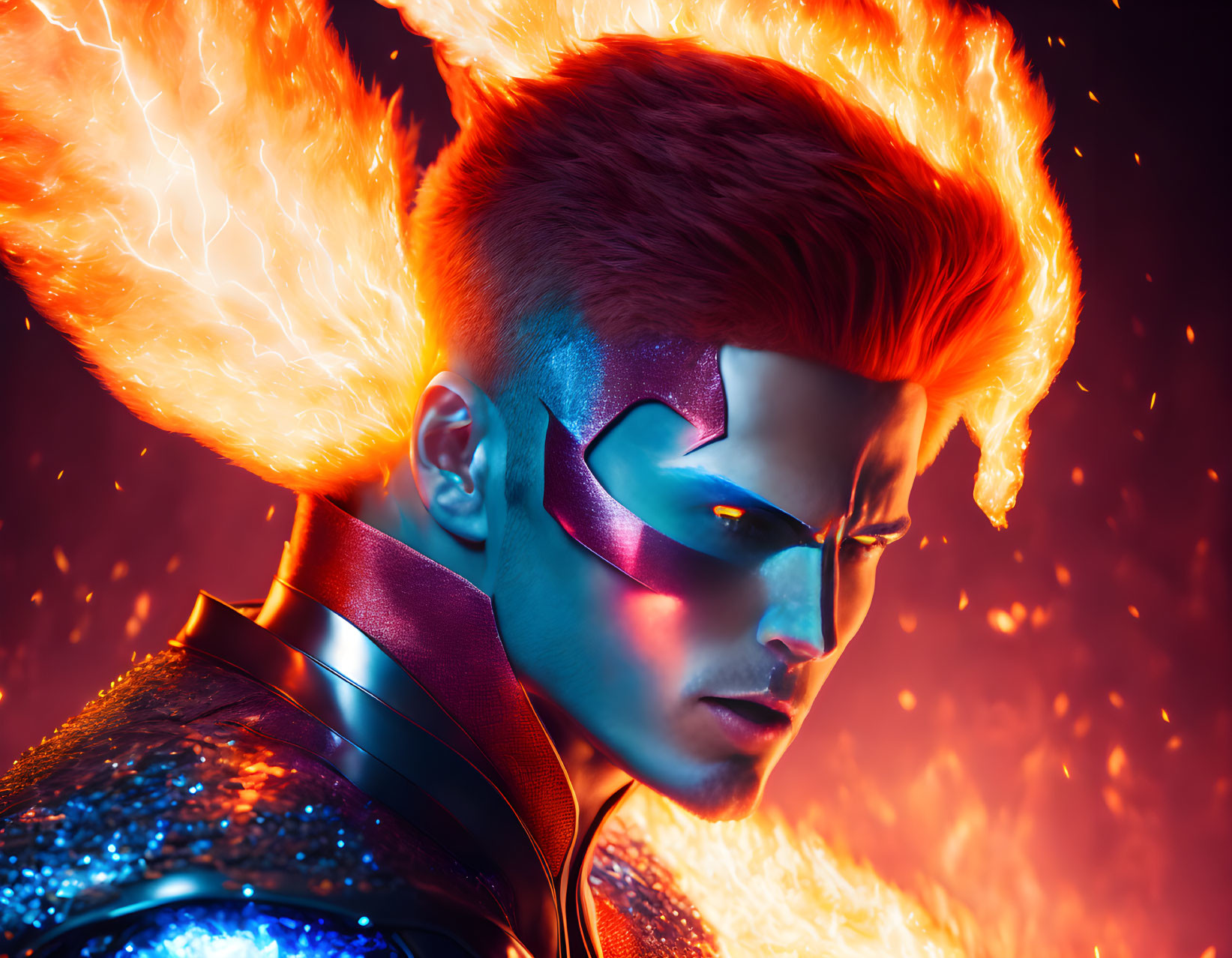 Fiery-haired person in side profile with blue and purple mask on vivid background