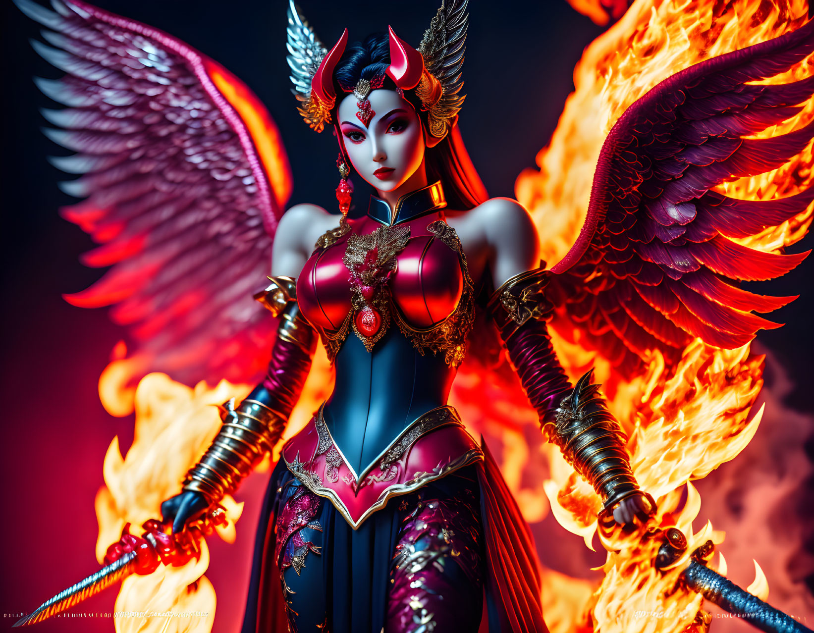 Illustrated demonic female figure with wings and weapons in fantasy armor amid flames with red and blue hues.