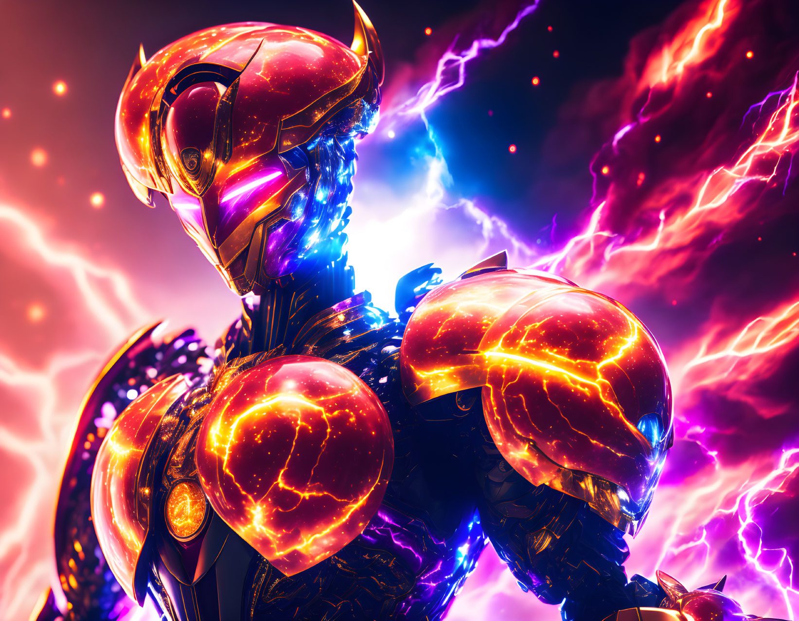 Futuristic armored robot with glowing orange lines on dynamic purple and red lightning background