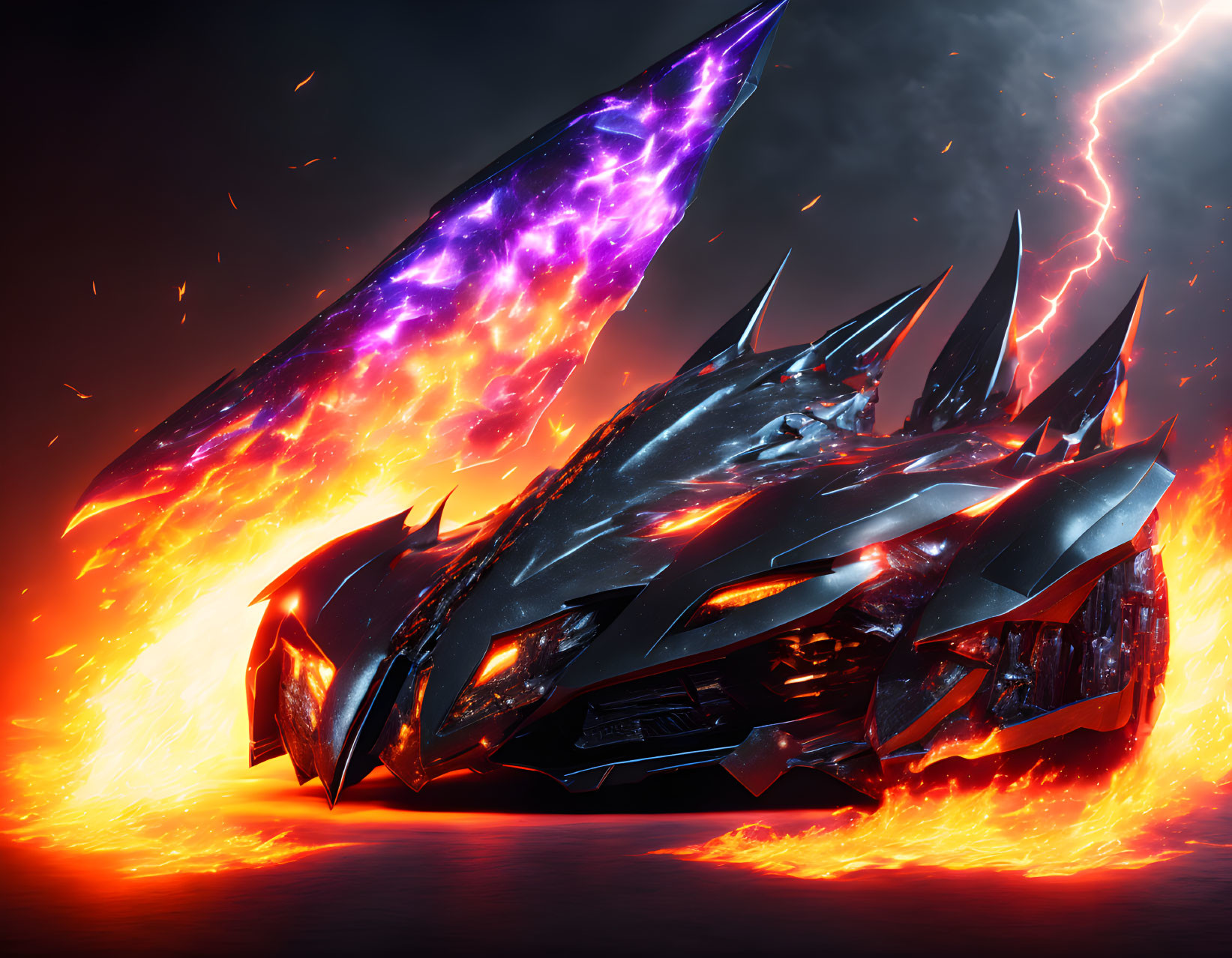 Armored vehicle in flames with cosmic energy bolt and glowing edges