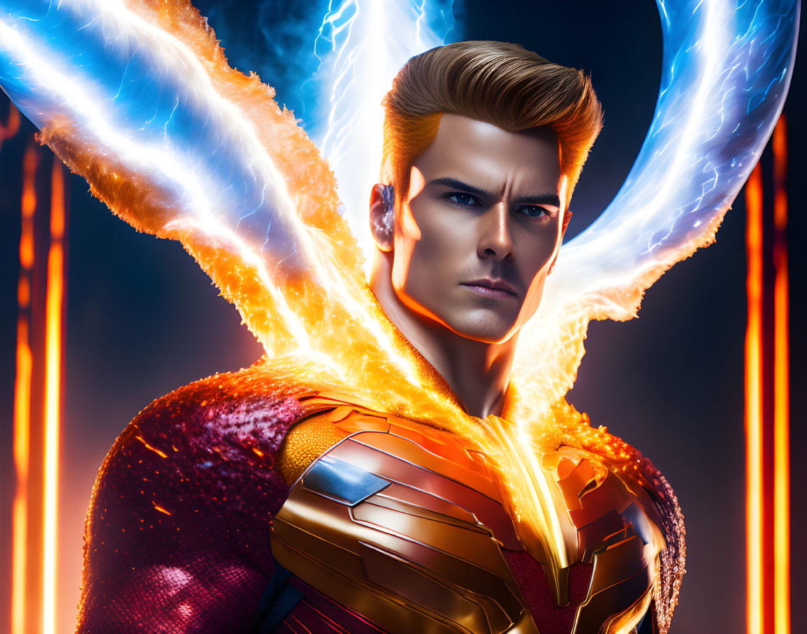 Blonde-Haired Superhero in Red and Gold Suit with Fiery Energy Wings