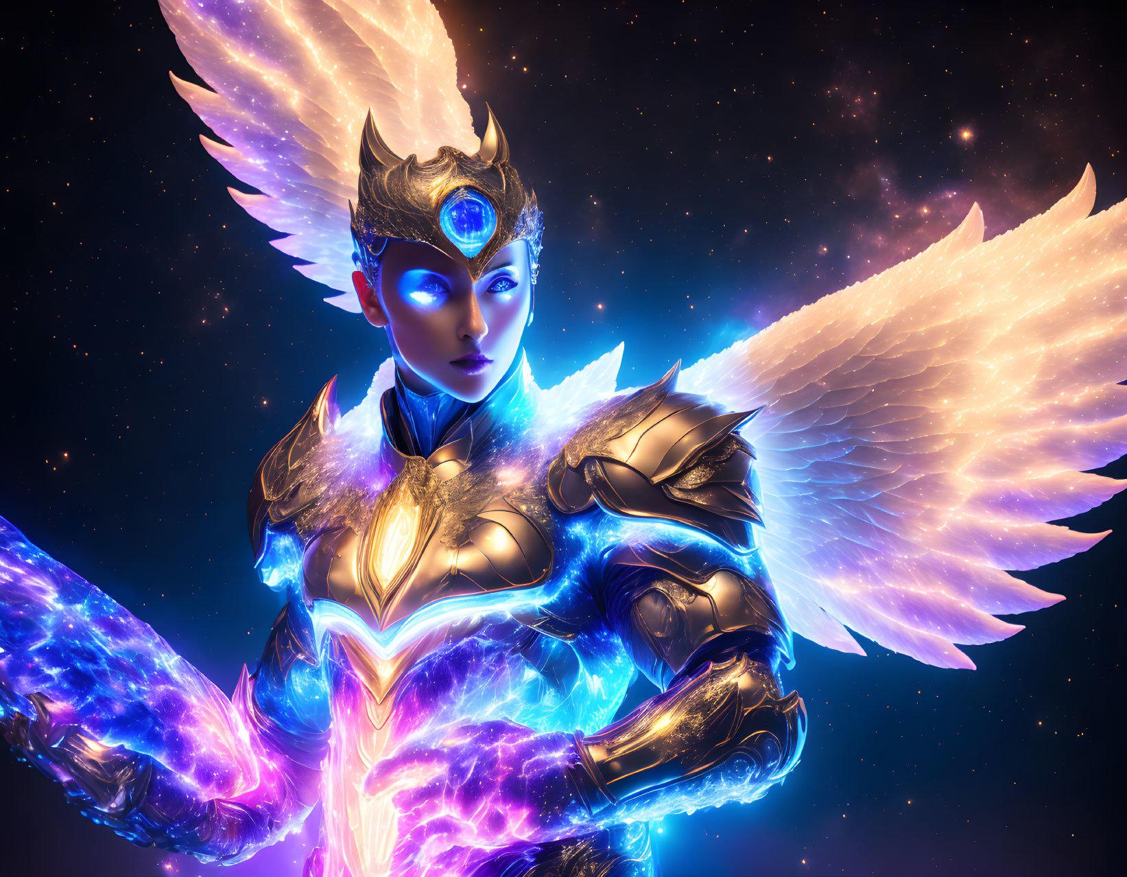 Armored figure with glowing wings in starry space setting.