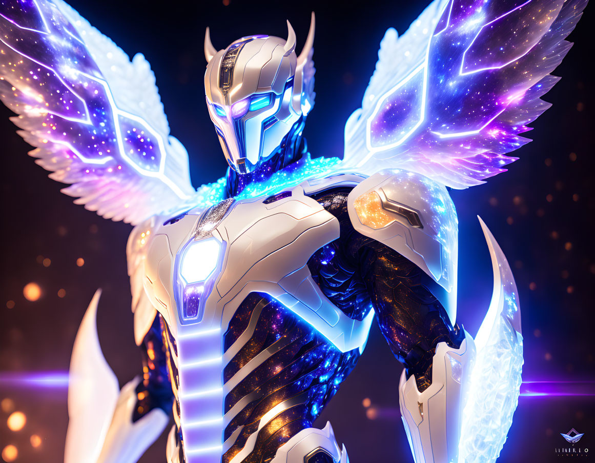 Futuristic armored figure with glowing wings and neon blue lights on bokeh background