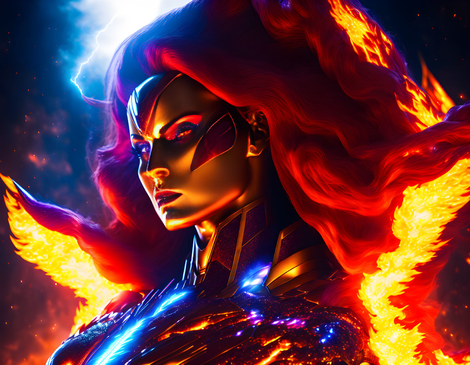 Female superhero with fiery hair and cosmic aura on dark starry background