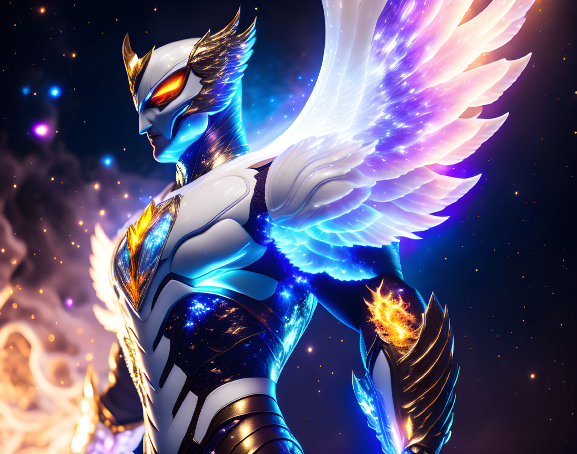 Armored figure with glowing wings in cosmic backdrop