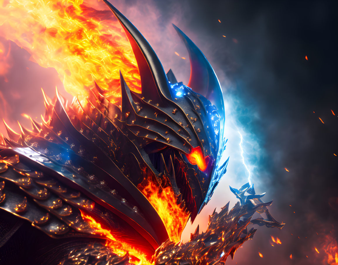 Armored figure engulfed in flames in fantasy battle scene