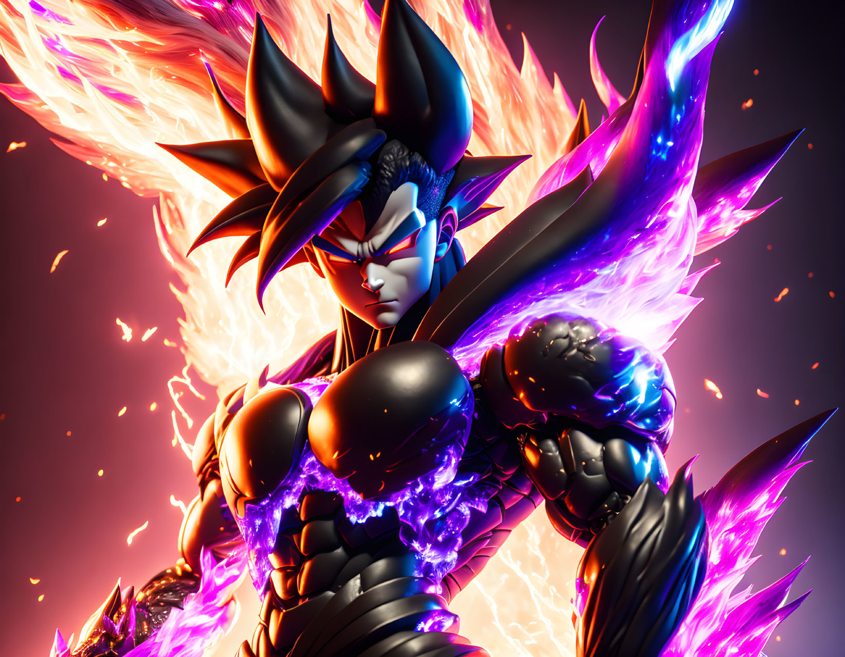 Anime character with spiky hair, fiery aura, and black armor