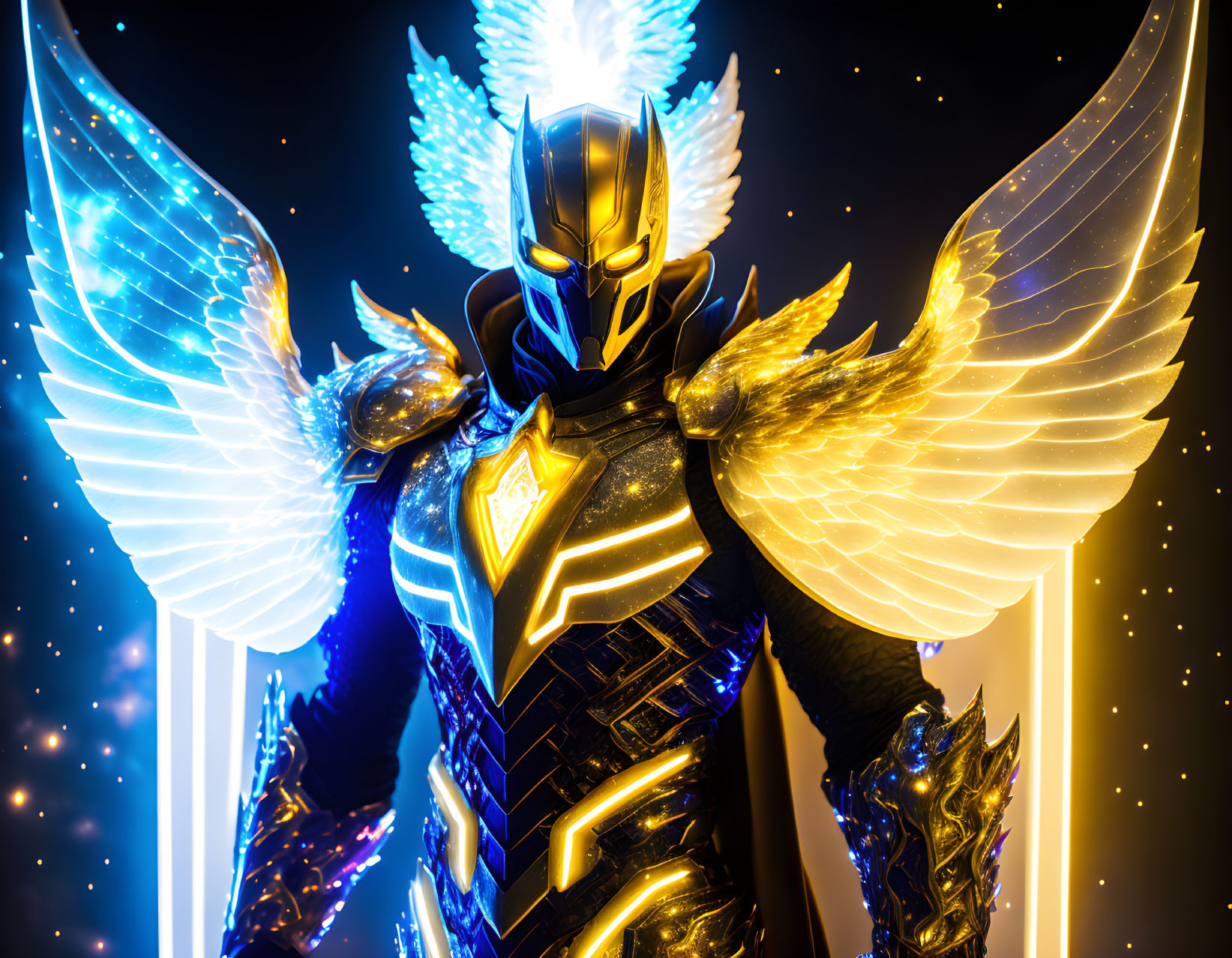 Heroic Figure in Golden Armor with Ethereal Wings on Starry Background