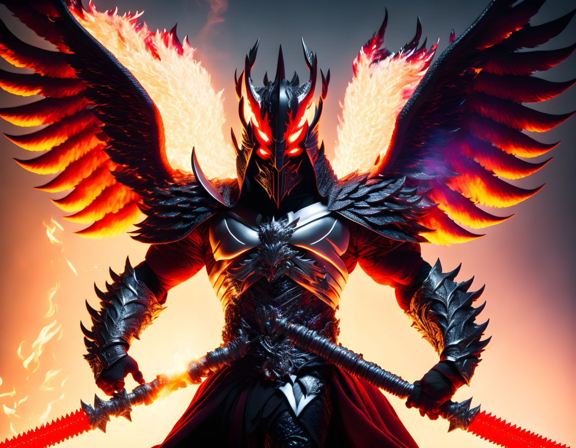 Armored figure with fiery wings and blade against dramatic backdrop